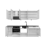 Kuhinjski blok JAGODA bela 240 cm + NAPA je modernega dizajna v beli mat barvi. Stranice so narejene iz laminirane plošče debeline 16 mm, fronte pa