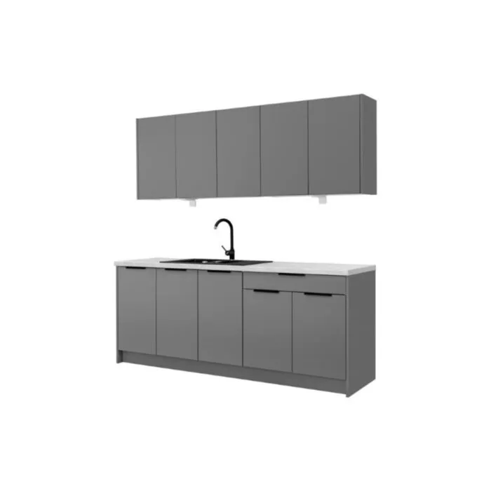 Kuhinjski blok JAGODA siva 200 Kuhinjski blok JAGODA 200 cm je modernega dizajna v sivi mat barvi. Stranice so narejene iz laminirane plošče debeline 16 mm, fronte pa debeline 18 mm.