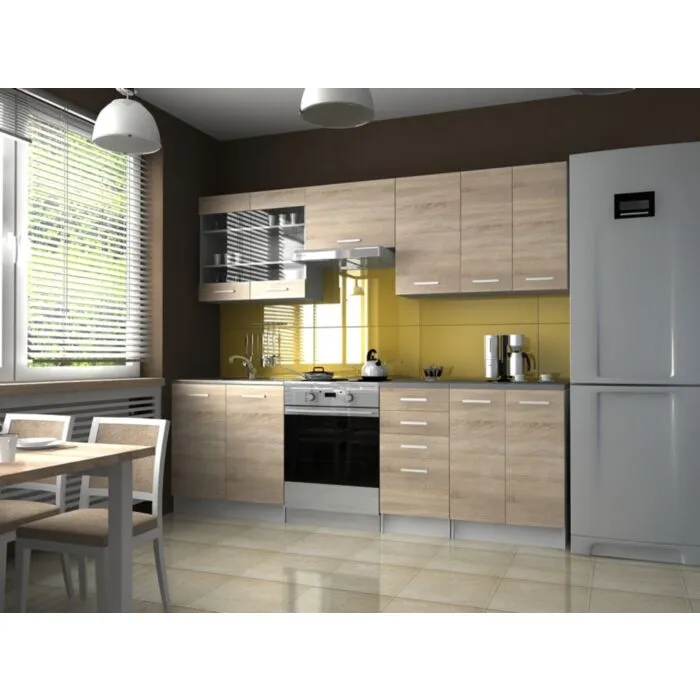 Kuhinjski blok LAVA 240 Kuhinjski blok LAVA 240 cm je dobavljiva v sonoma/beli barvi. Korpusi so iz laminirane plošče debeline 18 mm. Vrata steklene viseče omarice so iz kaljenega