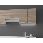 Kuhinjski blok META 240 cm je dobavljiva v sonoma/beli barvi. Korpusi so iz laminirane plošče debeline 16 mm. Vrata steklene viseče omarice so iz kaljenega
