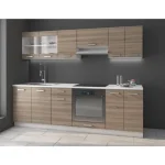 Kuhinjski blok META 240 cm je dobavljiva v sonoma/beli barvi. Korpusi so iz laminirane plošče debeline 16 mm. Vrata steklene viseče omarice so iz kaljenega