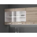 Kuhinjski blok META 240 cm je dobavljiva v sonoma/beli barvi. Korpusi so iz laminirane plošče debeline 16 mm. Vrata steklene viseče omarice so iz kaljenega
