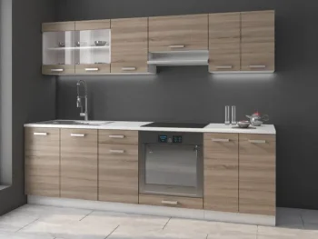 Kuhinjski blok META 240 cm je dobavljiva v sonoma/beli barvi. Korpusi so iz laminirane plošče debeline 16 mm. Vrata steklene viseče omarice so iz kaljenega