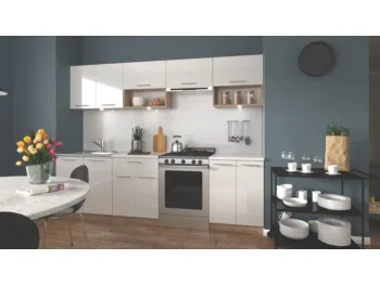 Kuhinjski blok NAJA 260 cm je dobavljiv v bela sijaj/sonoma barvi. Korpusi so iz laminirane plošče debeline 16 mm. Laminirane plošče so najpogosteje