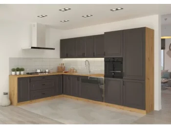 Kuhinjski blok PRESTIGE 210 x 350 cm je dobavljiva v grafitni barvi. Debelina delovnega pulta je 38 mm. Fronte kuhinje imajo MDF rob. Kuhinja je izdelana iz