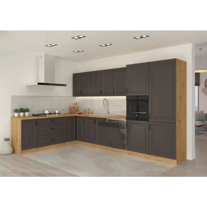 Kuhinjski blok PRESTIGE 210 x 350 cm je dobavljiva v grafitni barvi. Debelina delovnega pulta je 38 mm. Fronte kuhinje imajo MDF rob. Kuhinja je izdelana iz
