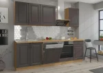 Kuhinjski blok PRESTIGE 250 cm je dobavljiva v grafitni barvi. Debelina delovnega pulta je 38 mm. Kuhinja je izdelana iz oplemenitenih ivernih plošč