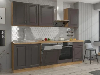 Kuhinjski blok PRESTIGE 250 cm je dobavljiva v grafitni barvi. Debelina delovnega pulta je 38 mm. Kuhinja je izdelana iz oplemenitenih ivernih plošč