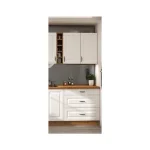Kuhinjski blok STIL 1- 265 x 300 x 180 cm je dobavljiva v beli barvi. Debelina delovnega pulta je 38 mm. Fronte kuhinje imajo MDF rob. Kuhinja je izdelana iz