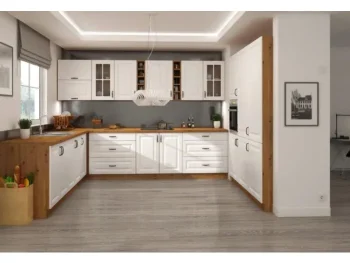 Kuhinjski blok STIL 2- 265 x 300 x 180 cm je dobavljiva v beli barvi. Debelina delovnega pulta je 38 mm. Fronte kuhinje imajo MDF rob. Kuhinja je izdelana iz