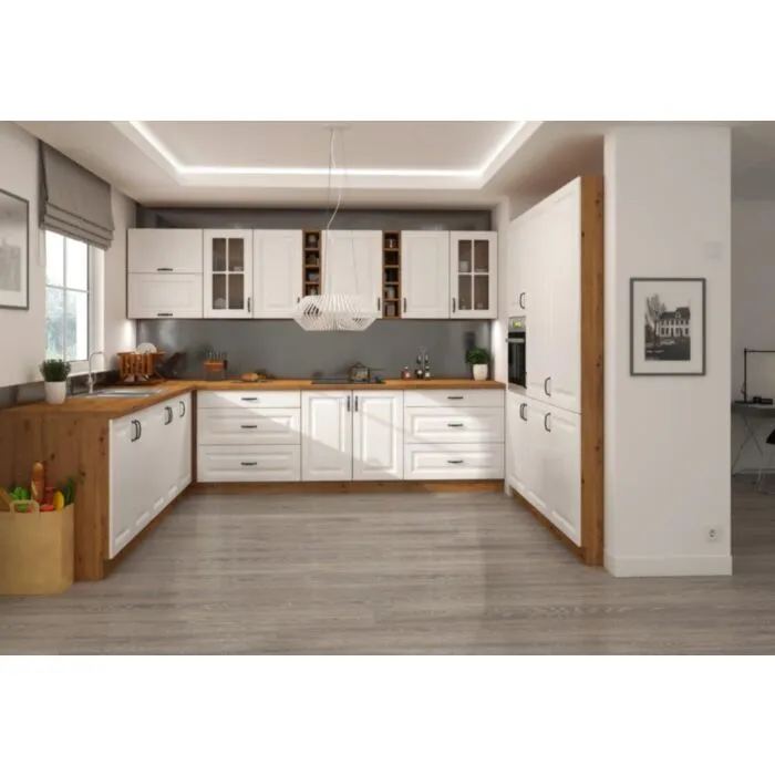 Kuhinjski blok STIL 2- 265 x 300 x 180 cm je dobavljiva v beli barvi. Debelina delovnega pulta je 38 mm. Fronte kuhinje imajo MDF rob. Kuhinja je izdelana iz