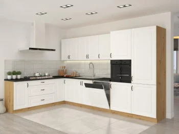 Kuhinjski blok STIL 210 x 350 cm je dobavljiva v beli barvi. Debelina delovnega pulta je 38 mm. Fronte kuhinje imajo MDF rob. Kuhinja je izdelana iz