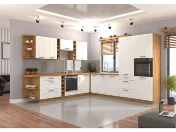 Kuhinjski blok VANESA 305 x 320 cm je dobavljiva v beli barvi. Debelina delovnega pulta je 38 mm. Kuhinja je izdelana iz oplemenitenih ivernih plošč