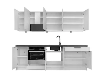 Kuhinjski blok VIVIANA 240 cm + NAPA je modernega dizajna v sivi / kašmir barvi. Stranice so narejene iz laminirane plošče debeline 16 mm, fronte pa