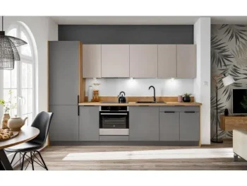 Kuhinjski blok VIVIANA 300 cm + NAPA je modernega dizajna v sivi / kašmir barvi. Stranice so narejene iz laminirane plošče debeline 16 mm, fronte pa