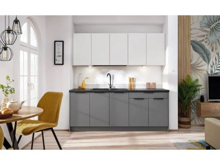 Kuhinjski blok VIVIANA bela/siva 200 Kuhinjski blok VIVIANA 200 cm je modernega dizajna v beli mat / sivi barvi. Stranice so narejene iz laminirane plošče debeline 16 mm, fronte pa debeline 18