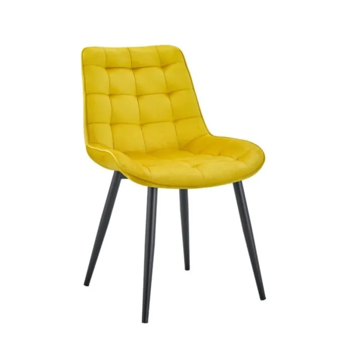 Kuhinjski stol VIKA rumena Kuhinjski stol VIKA velvet rumena je odlična rešitev za kombiniranje v minimalističen ali industrijski stil prostora. Kombinacija bež prešitega blaga s