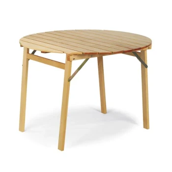 Miza BASS dimenzije fi 100 cm , narejena v celoti iz naturalnega lesa. Zaščitena je z lakom. Primerna za pokrite terase, balkone, vikendice, kamp prikolice,