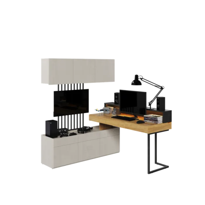 Mladinska soba SIMPL 3 je odlična ponudba za tiste, ki želijo sobo urediti v dizajnerskem in brezčasnem stilu. Komplet je sestavljen iz sedmih elementov: 1