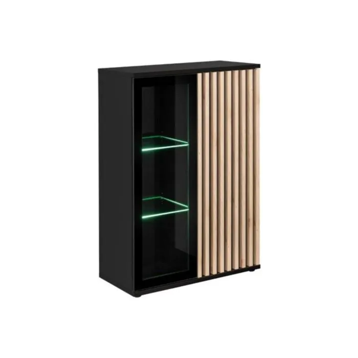 Nizka vitrina KAMERON Nizka vitrina KAMERON je elegantna ter atraktivna. Moderen dizajn z dodatki, črnega stekla ter lamelami v svetlem hrastu, se bo podal v vsak prostor. Vitrina