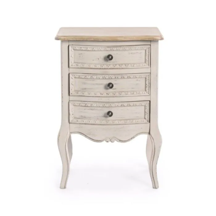 Nočna omarica 3C CLARISSE Nočna omarica 3C CLARISSE, je eleganten kos pohištva, ki popestri vaš prostor. Narejena je iz kakovostne pavlovnije s vrhom iz furnirja in MDF-ja. Material: