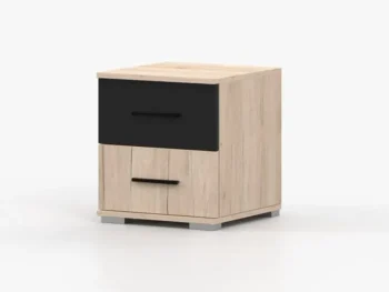 Nočna omarica DULE je primerna za vsako spalnico. Narejena je iz trpežne laminirane plošče debeline 16 mm. Robovi so ABS. Je modernega in elegantnega