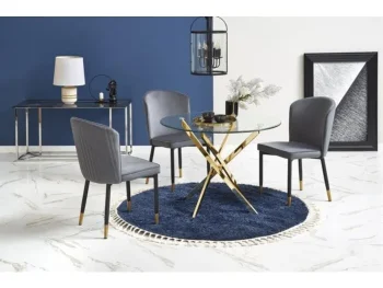 Okrogla miza RAMONDO2 je atraktivna in sodobna miza iz stekla. Podnožje je iz kvalitetne kovine v zlati barvi. Dimenzije: - Fi100 x V: 73 cm Material: -