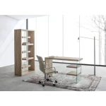 Pisalna miza BILBAO je dobavljiva v barvi lesa. Hrbet in desna stranica sta iz kaljenega stekla, debeline 10mm. Vrh, police in leva stran pa so iz MDF