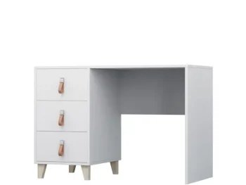 Pisalna miza LOVY je primerna za vse otroške in mladinske sobe. Dobavljiva je v beli barvi, ročaji pa so iz naravnega usnja. Narejena je iz laminirane