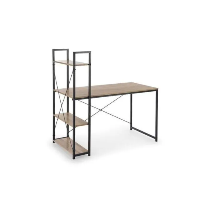 Pisarniška miza BELAS - črna, je moderna in praktična miza, izdelana iz iverne plošče in kovine, v barvni kombinaciji sonoma hrasta in črne. Opremljena