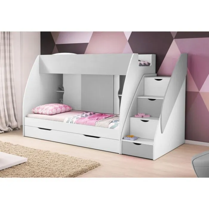 Pograd NEK je primeren za vse otroške ali mladinske sobe. Narejen je iz laminirane plošče debeline 16 mm. Korpus pograda je v beli barvi, fronta je v beli