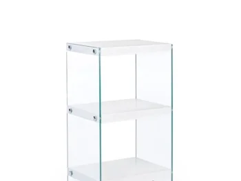 Poličnik LINA WOOD je dobavljiv v beli barvi. Stranice so iz kaljenega stekla (12mm), police pa so iz MDF plošč (videz lesa). Dimenzije: širina: 40cm