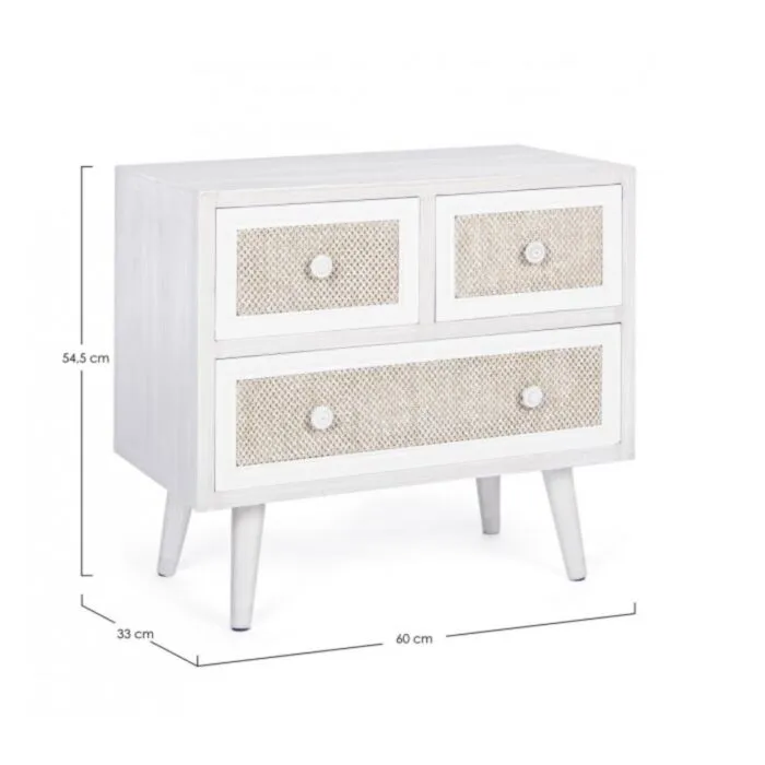 Predalnik 2C-1C MONTIEL je narejen iz MDF-ja, sprednja stran predala je ovlečena v tkanino, noge so iz kovine. Ima poseben in eleganten dizajn, ki popestri