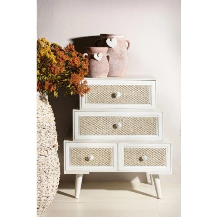 Predalnik 2C-2C MONTIEL Predalnik 2C-2C MONTIEL je narejen iz MDF-ja, sprednja stran predala je oblečena v tkanino, noge so iz kovine. Ima štiri elegantne predale v katerelahko