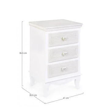 Predalnik 3C CHARLENE je kvalitetno narejena, dobavljiva v beli barvi. Izdelana je iz MDF-a. Material: - MDF Barva: - Bela Dimenzije: širina: 41cm globina: