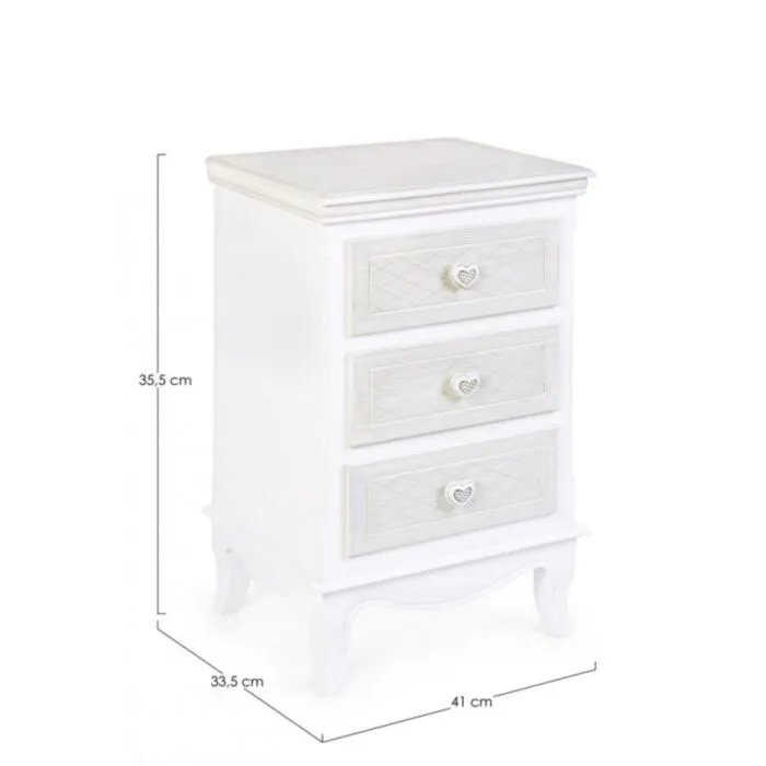 Predalnik 3C CHARLENE je kvalitetno narejena, dobavljiva v beli barvi. Izdelana je iz MDF-a. Material: - MDF Barva: - Bela Dimenzije: širina: 41cm globina: