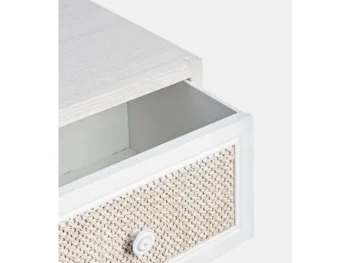 Predalnik 5C MONTIEL je narejen iz MDF-ja, sprednja stran predala je ovlečena v tkanino, noge so iz kovine. Material: - MDF - Tkanina - Kovina Barva: - Bela