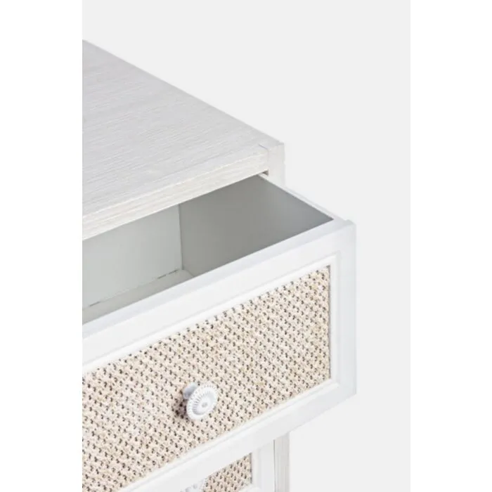 Predalnik 5C MONTIEL je narejen iz MDF-ja, sprednja stran predala je ovlečena v tkanino, noge so iz kovine. Material: - MDF - Tkanina - Kovina Barva: - Bela