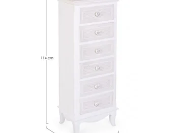 Predalnik 6C CHARLENE je narejena iz MDF-ja in ima gumbe iz polismole. Material: - Polismola - MDF Barva: - Bela - Vzorci Dimenzije: širina: 40cm globina: