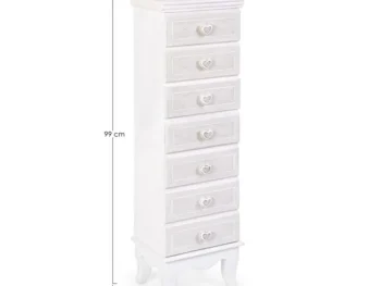 Predalnik 7C CHARLENE je narejen iz MDF-ja in ima gumbe iz polismole. Material: - Polismola - MDF Barva: - Bela - Vzorci Dimenzije: širina: 29cm globina: 21cm
