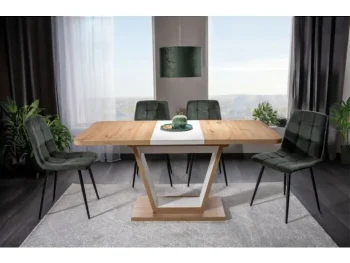 Raztegljiva jedilna miza PINTA 1 je narejena iz kvalitetne laminirane plošče v kombinaciji svetlega hrasta ter bele mat barve. Material: - Laminirana