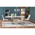 Raztegljiva miza SONTO je kakovostna miza iz kovine, stekla in MDF plošče. Sodobna in hkrati prefinjena oblika navdaja jedilni prostor z eleganco in