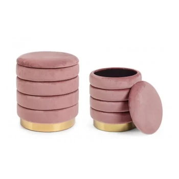 Set 2 taburejev DARINA roza ima strukturo iz MDF-ja in vezane plošče, prevleko ima iz poliestra ki oddaja učinek žameta. Dno je zlate barve, kar dodatno