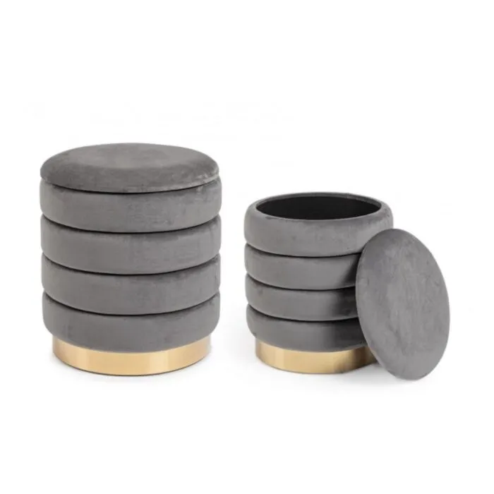 Set 2 taburejev DARINA siva ima strukturo iz MDF-ja in vezane plošče, prevleko ima iz poliestra ki oddaja učinek žameta. Dno je zlatne barve. Material: -