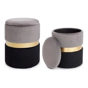 Set2 taburejev POLINA sivo-črna ima okvir iz MDF-ja in vezanega lesa, pokrov v obročku je v jekleno zlati barvi. Narejen je iz poliestra ki oddaja učinek