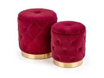 Set dveh taburejev MARS je zelo praktičen in eleganten. Narejen je iz žametne tkanine, na spodnjem robu ima dekorativni jeklen obroč v zlati barvi.