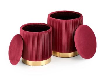 Set dveh taburejev ONIX je zelo praktičen in eleganten. Narejen je iz žametne tkanine, na spodnjem robu ima dekorativni jeklen obroč v zlati barvi.