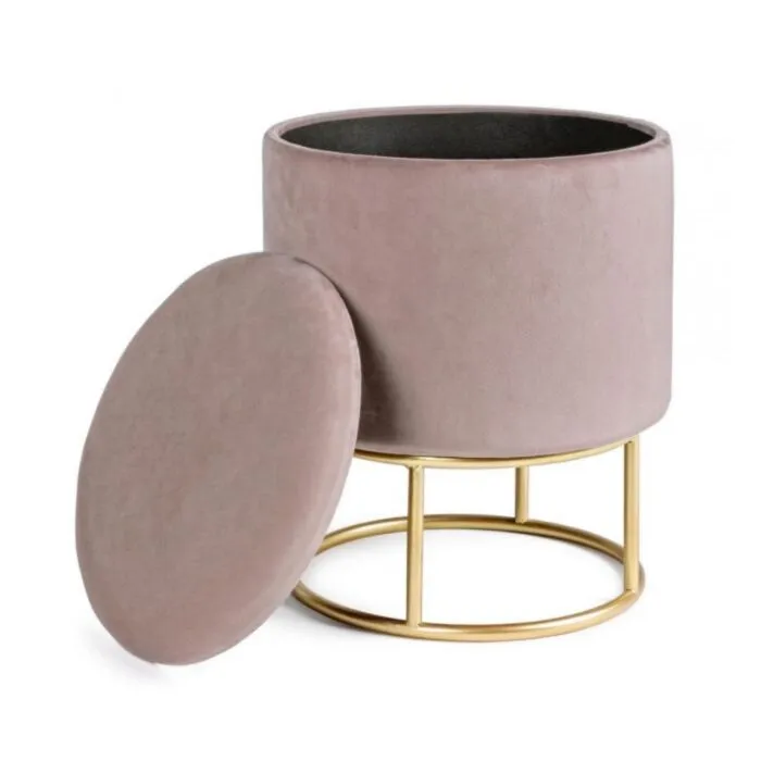 Tabure POLINA roza Tabure POLINA je dobavljiv v roza barvi. Okvir je iz MDFja in vezanega lesa, noga je kovinska (zlato obarvana). Prevleka je iz poliestra z žametnim učinkom.