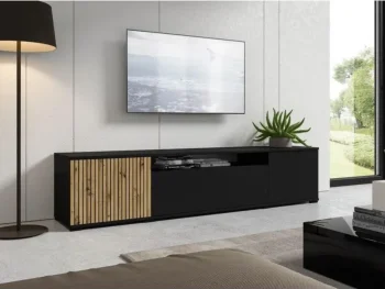 Tv omarica AZUR 1 je narejena iz kvalitetne laminirane plošče. Vrata se odpirajo s sistemom "push to open". Nogice ima plastične. Material: - Laminirana