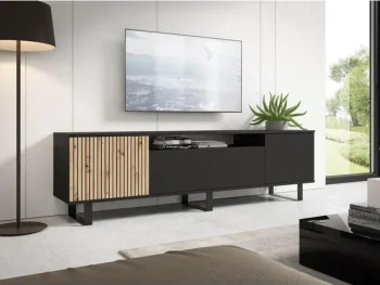 Tv omarica AZUR je narejena iz kvalitetne laminirane plošče. Vrata se odpirajo s sistemom "push to open". Ima metalne noge v črni barvi višine 14 cm.